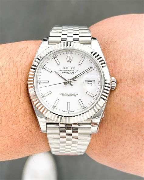 rolex datejust 41 white dial fluted bezel|Rolex Datejust white gold 41mm.